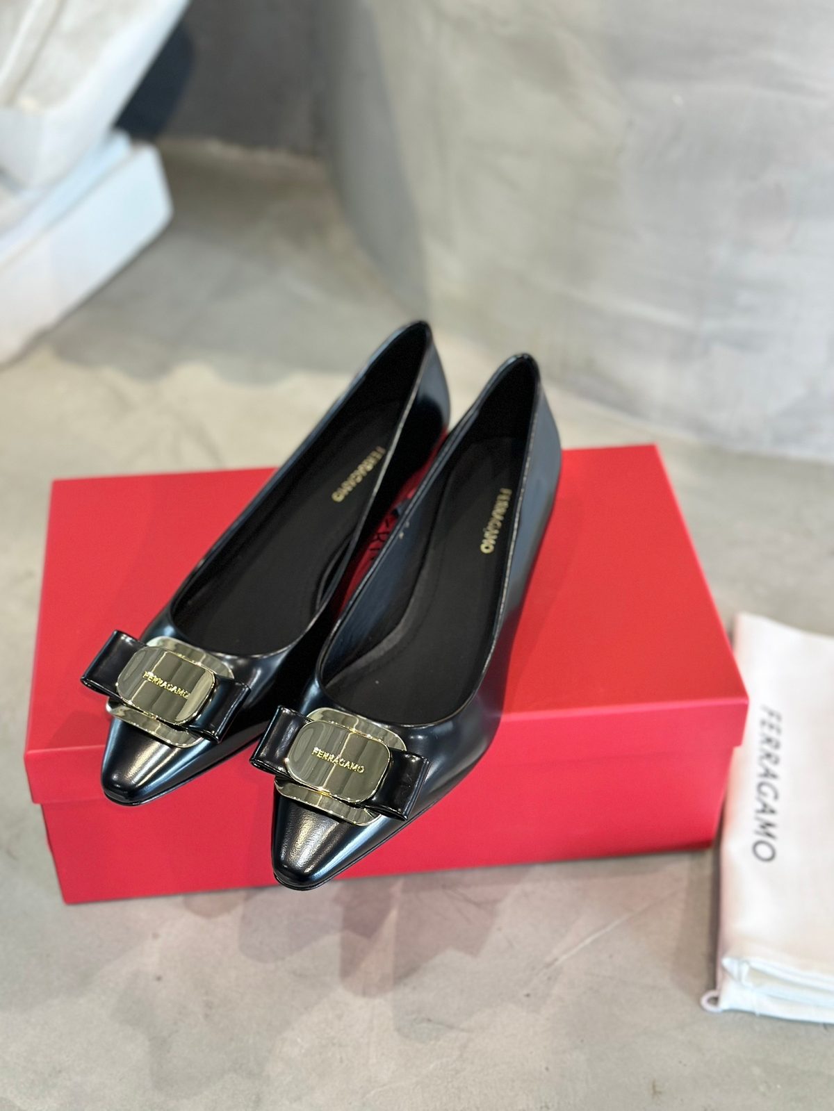Salvatore Ferragamo Black Leather Pointed Toe Flats