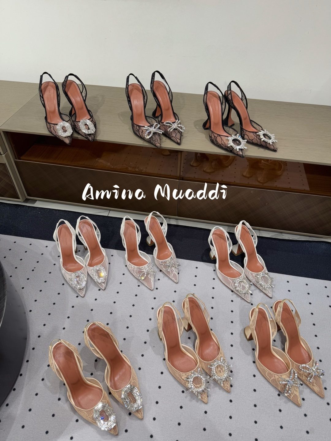 Amina Muaddi Lace Slingback Pointed Heels