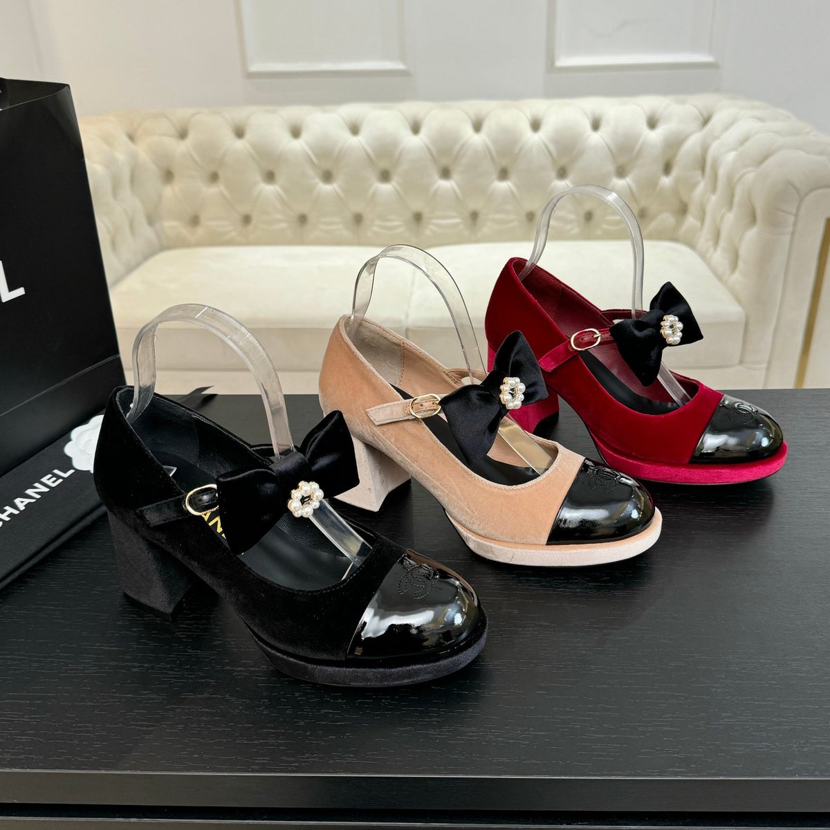 Chanel Velvet Bow Mary Jane Platform Heels