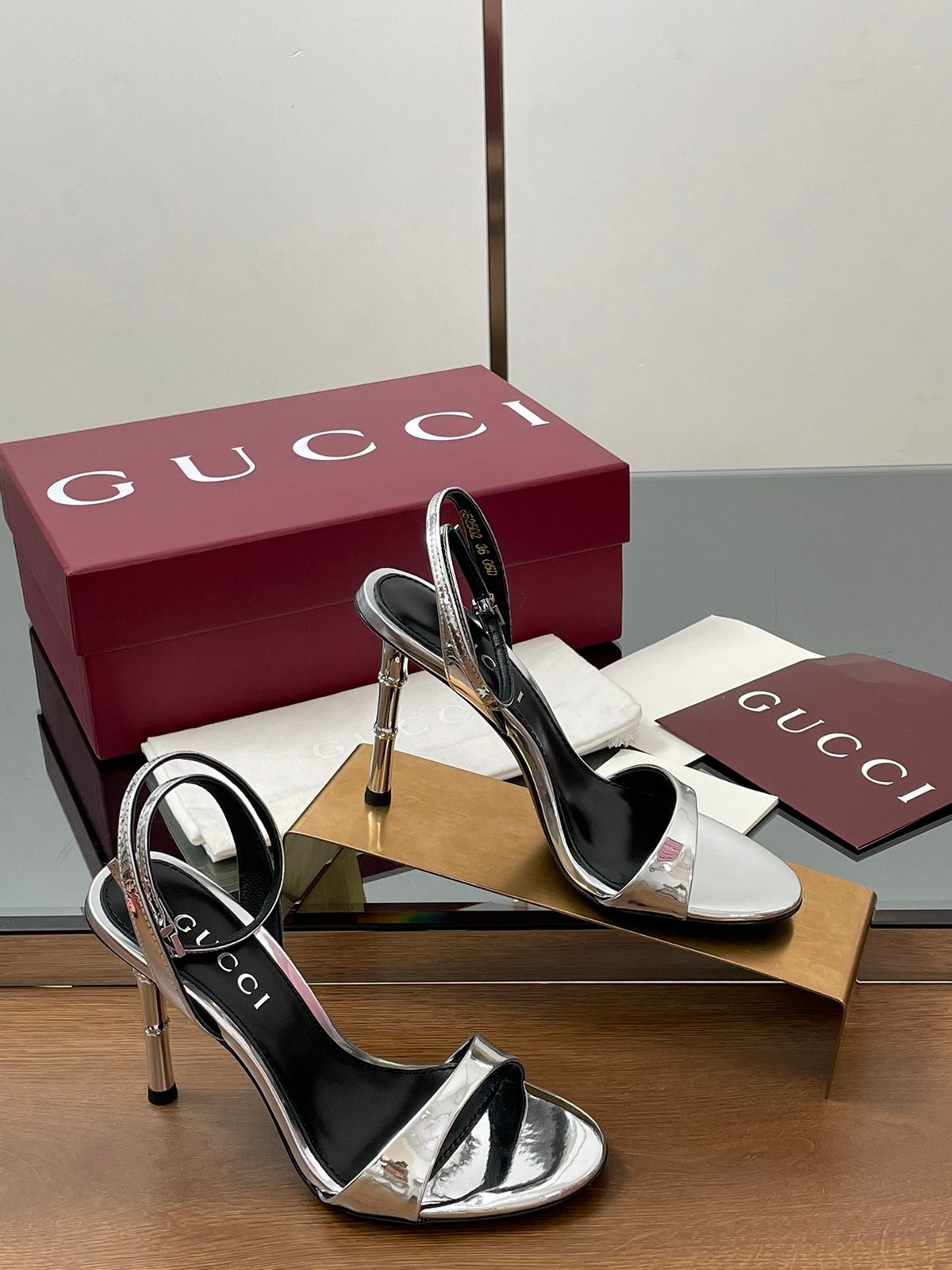 Gucci Metallic Leather Ankle Strap Heels