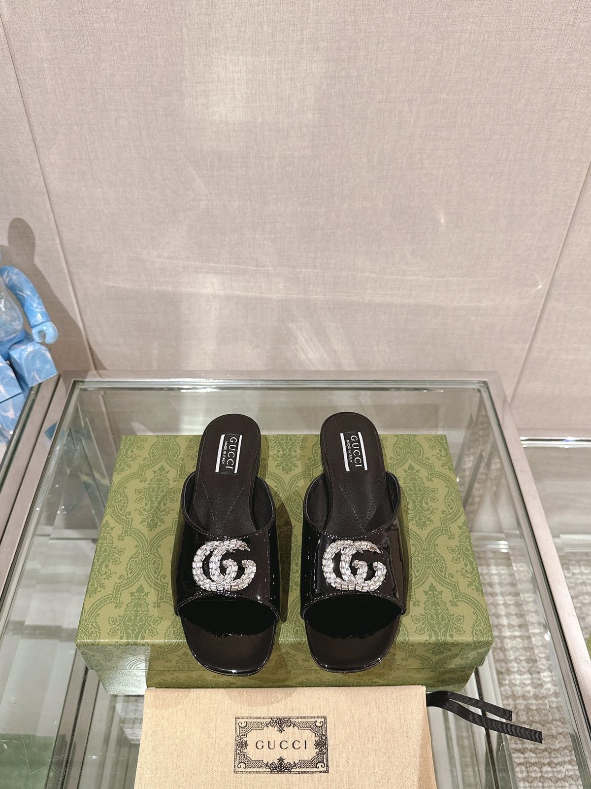 Gucci GG Crystal Embellished Patent Slide Sandals