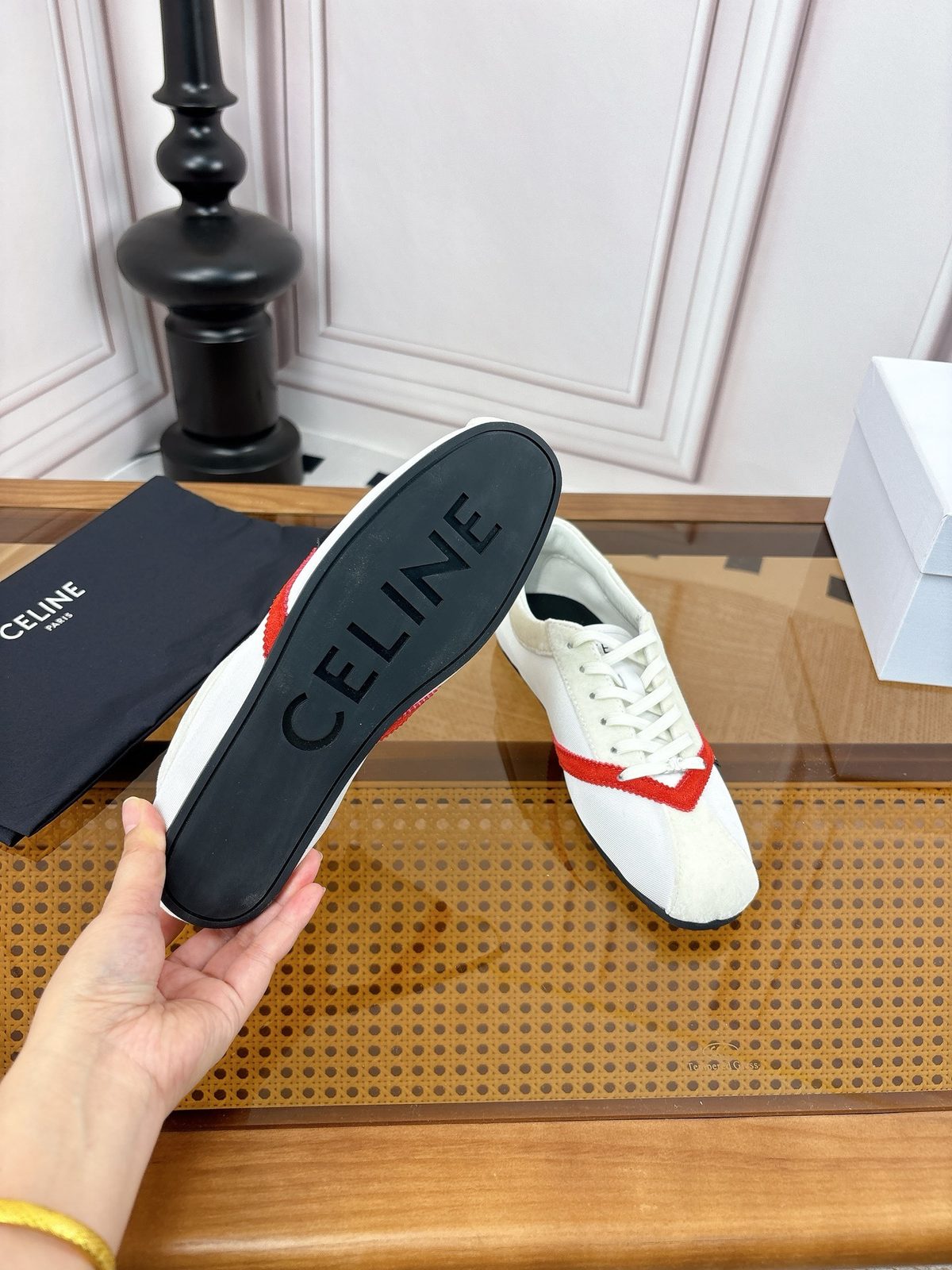 Celine White Red Suede Sneakers