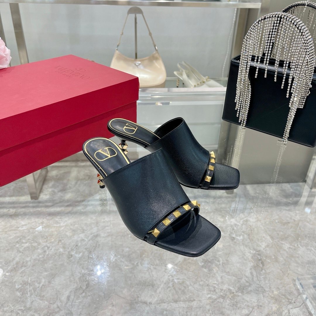Valentino Rockstud Black Leather Mule Heels
