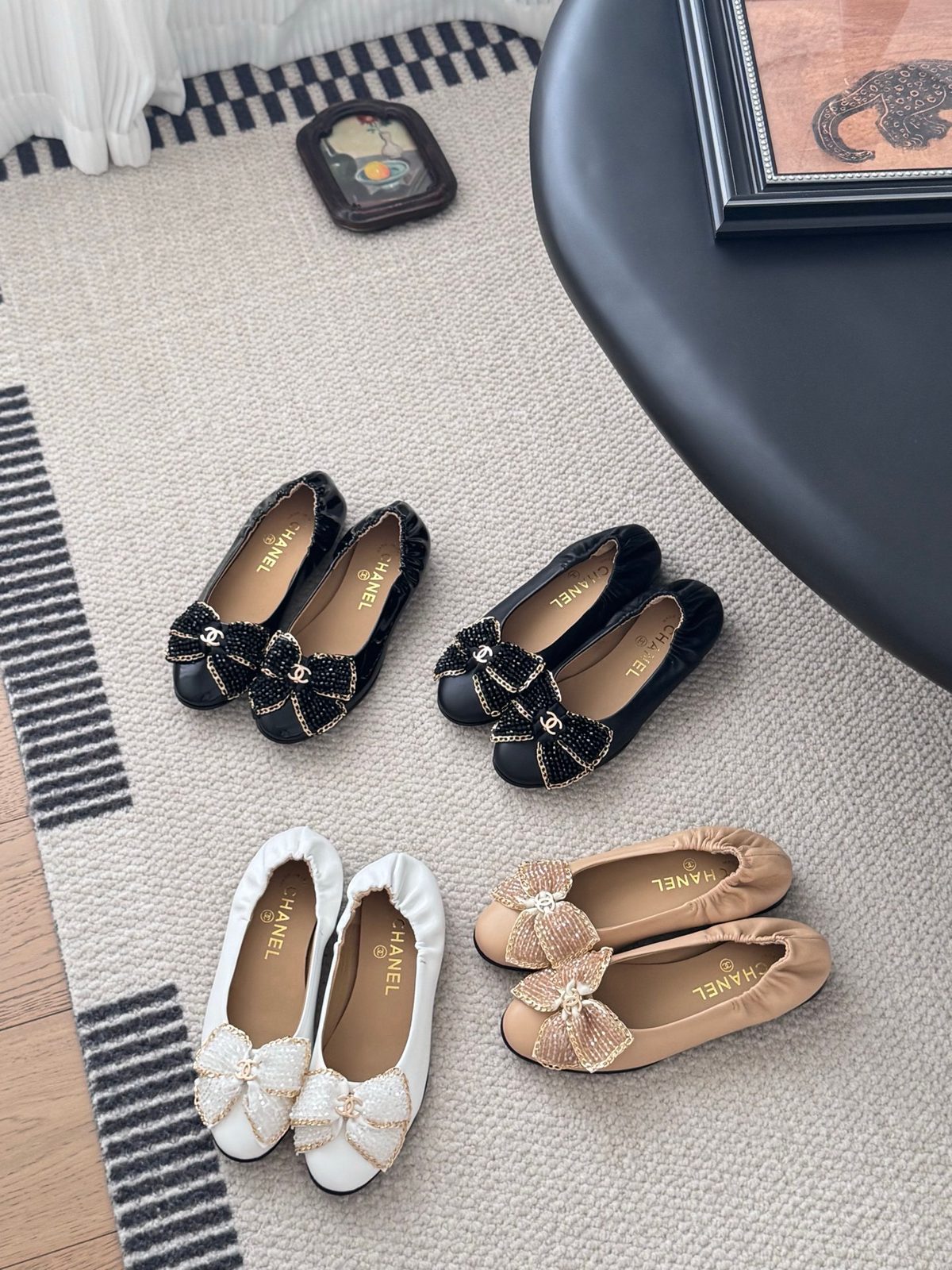 Chanel Beaded Bow Ballet Flats White
