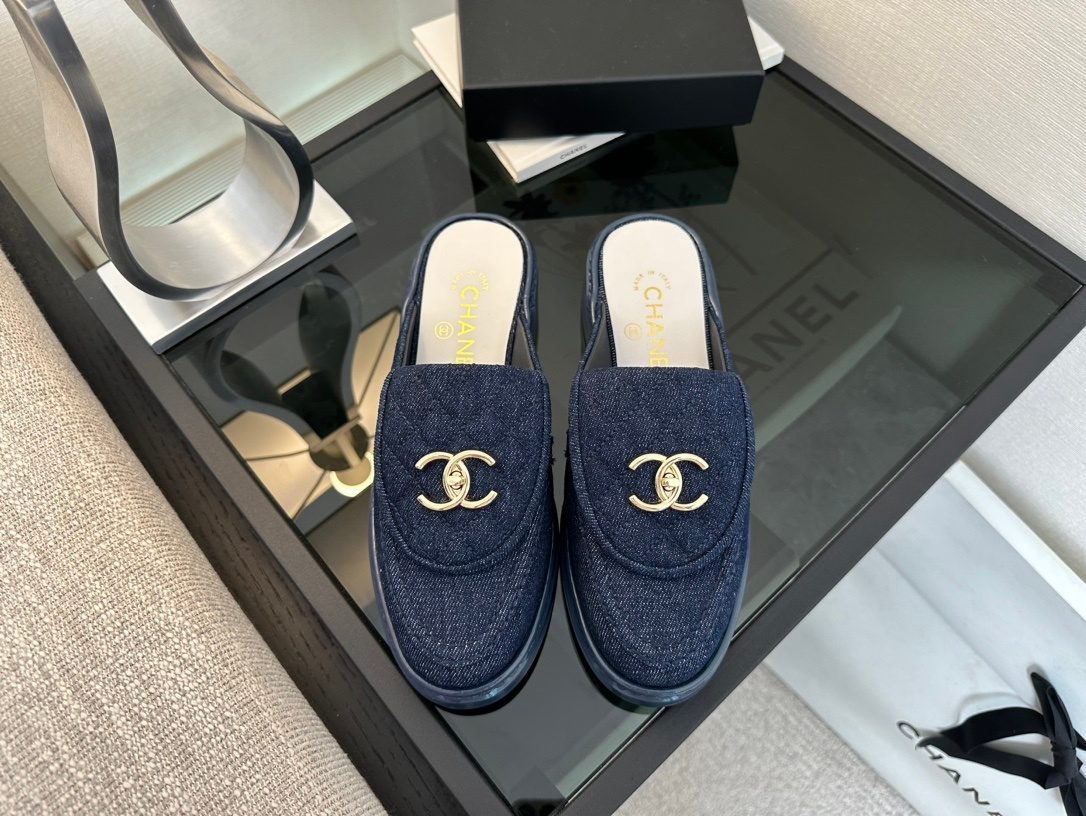 Chanel CC Logo Denim Mule Slippers