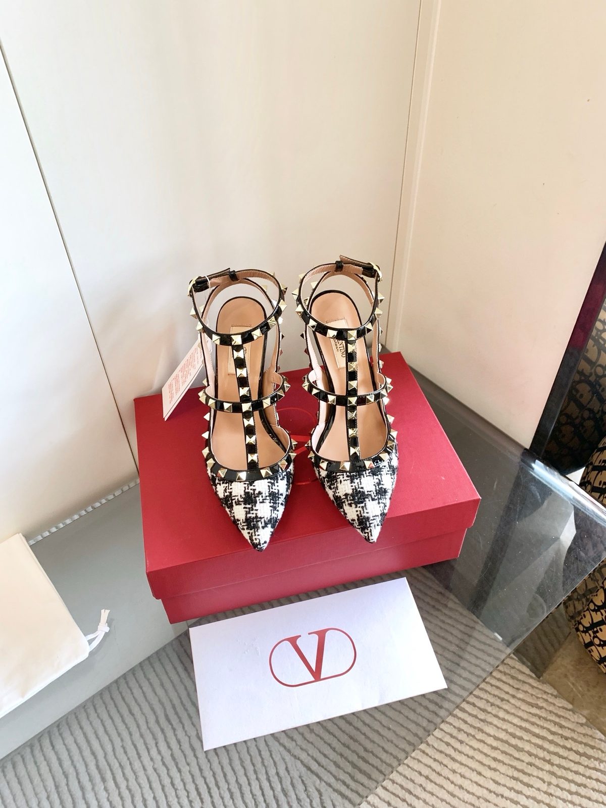 Valentino Rockstud Pump Black and White Houndstooth