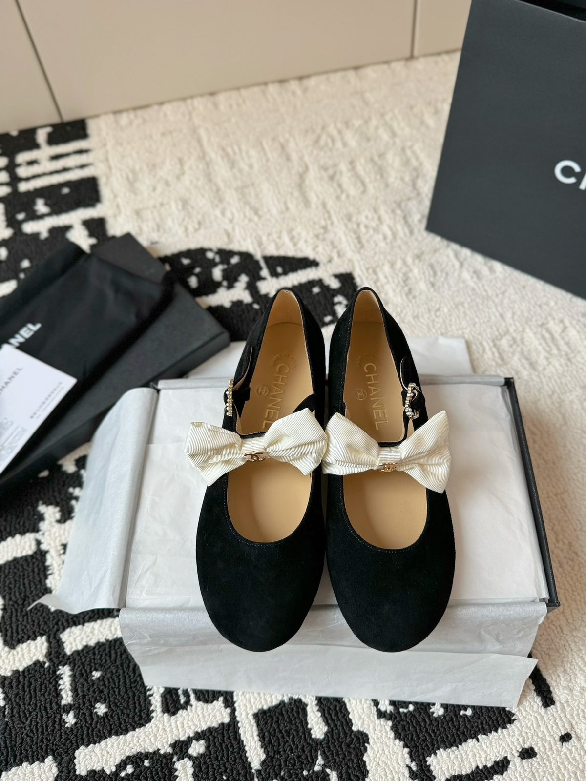 Chanel Black Suede Bow Ballet Flats