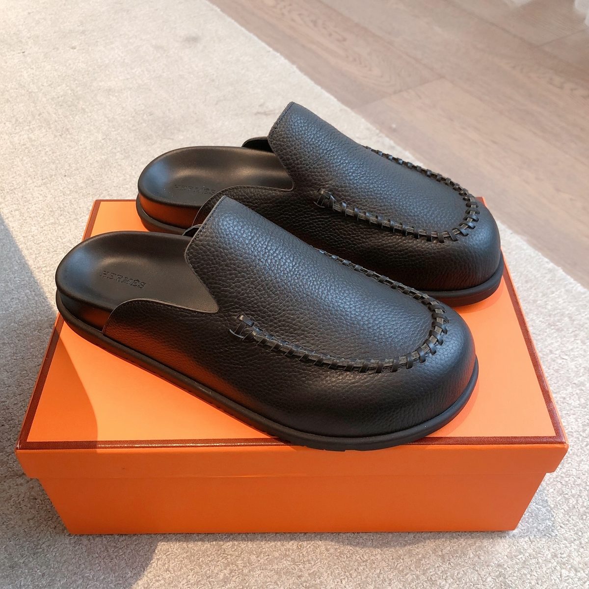 Hermès Pebbled Leather Loafer Clogs
