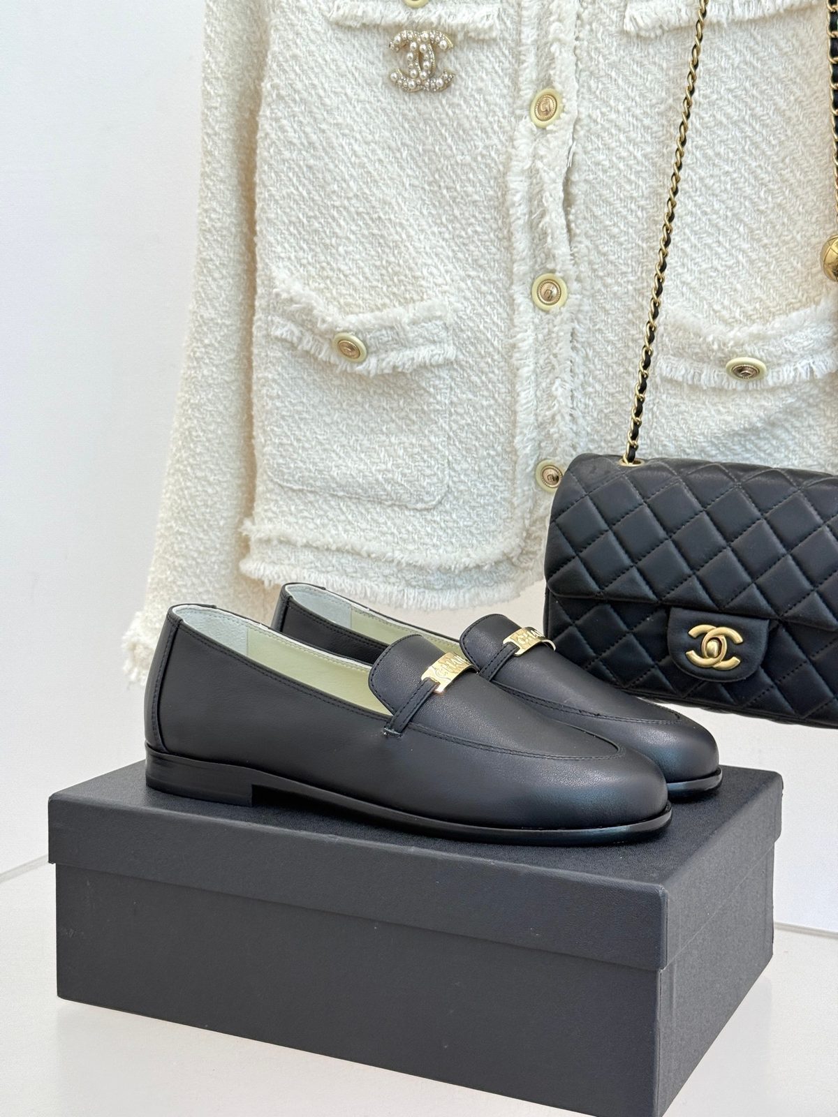 Chanel Black Leather Loafers with Gold Hardware