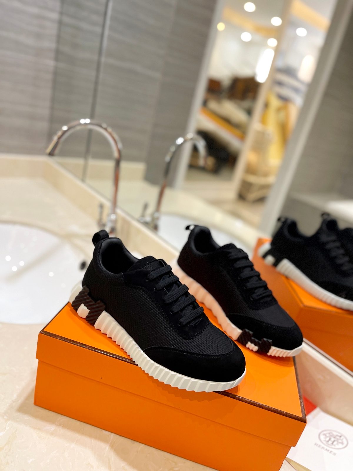 Black and White Lace-Up Sneakers with Ribbed Sole