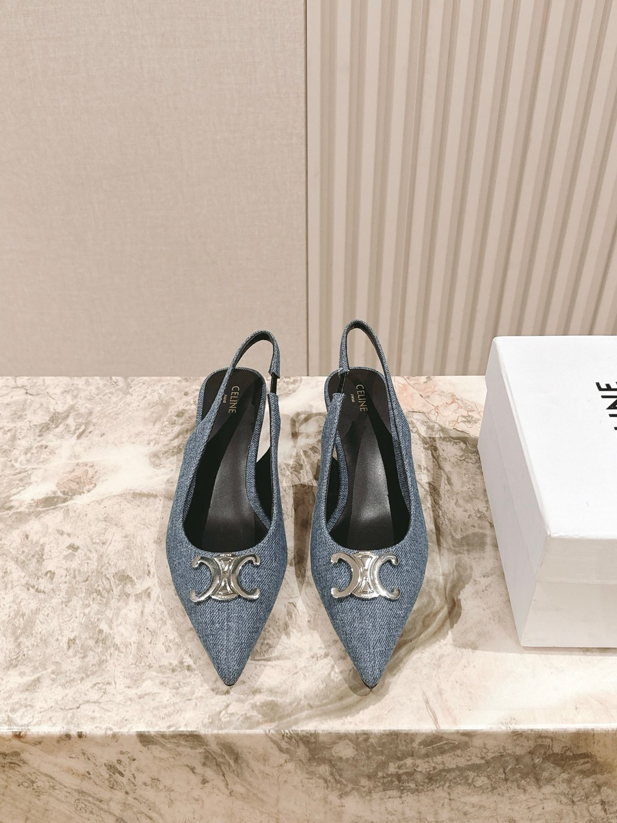 Céline CC Logo Denim Slingback Heels