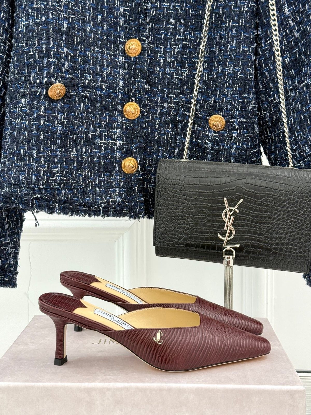 Jimmy Choo Lizard Embossed Mule Heels Burgundy