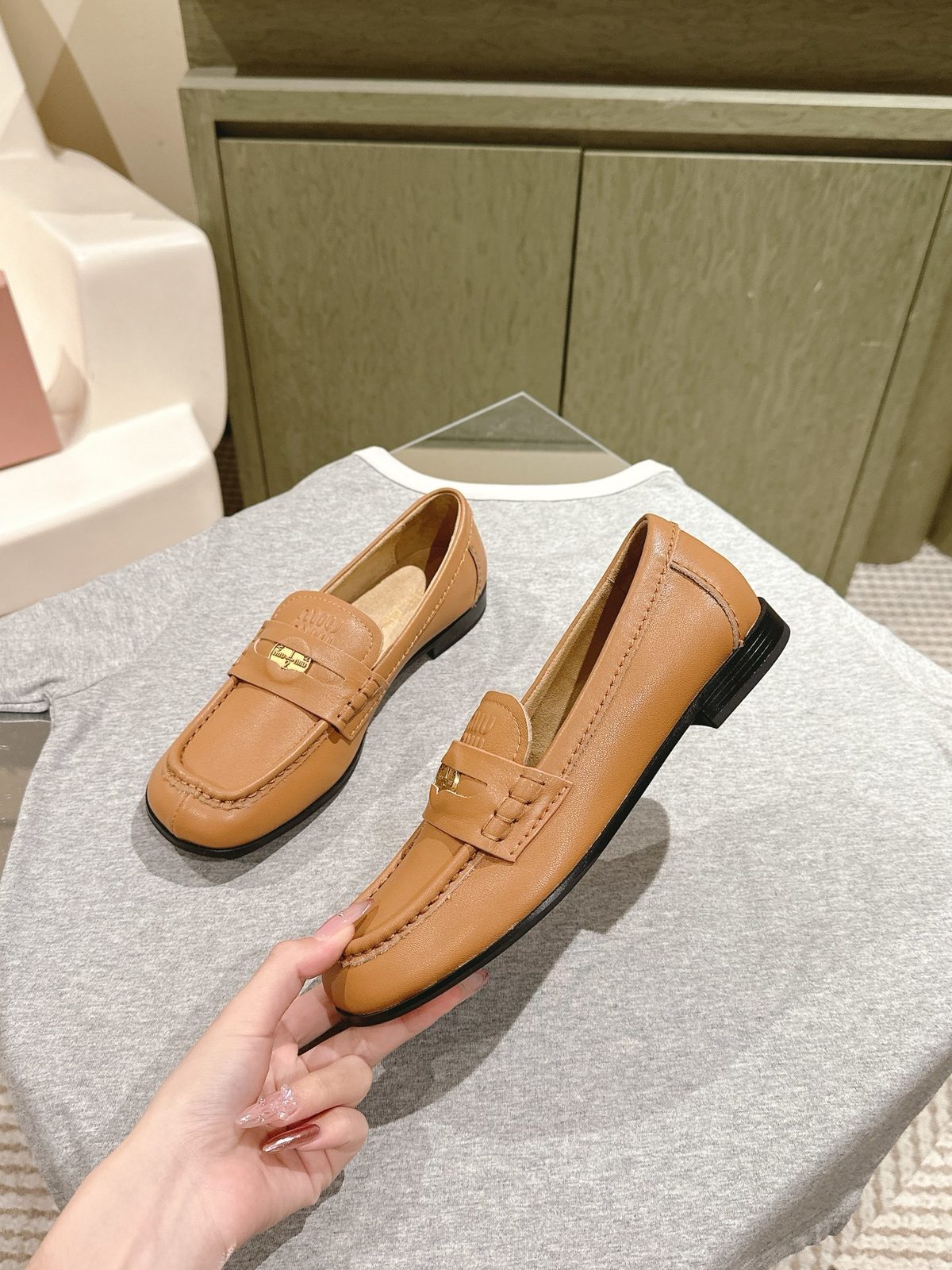 Miu Miu Leather Loafer Flats Camel
