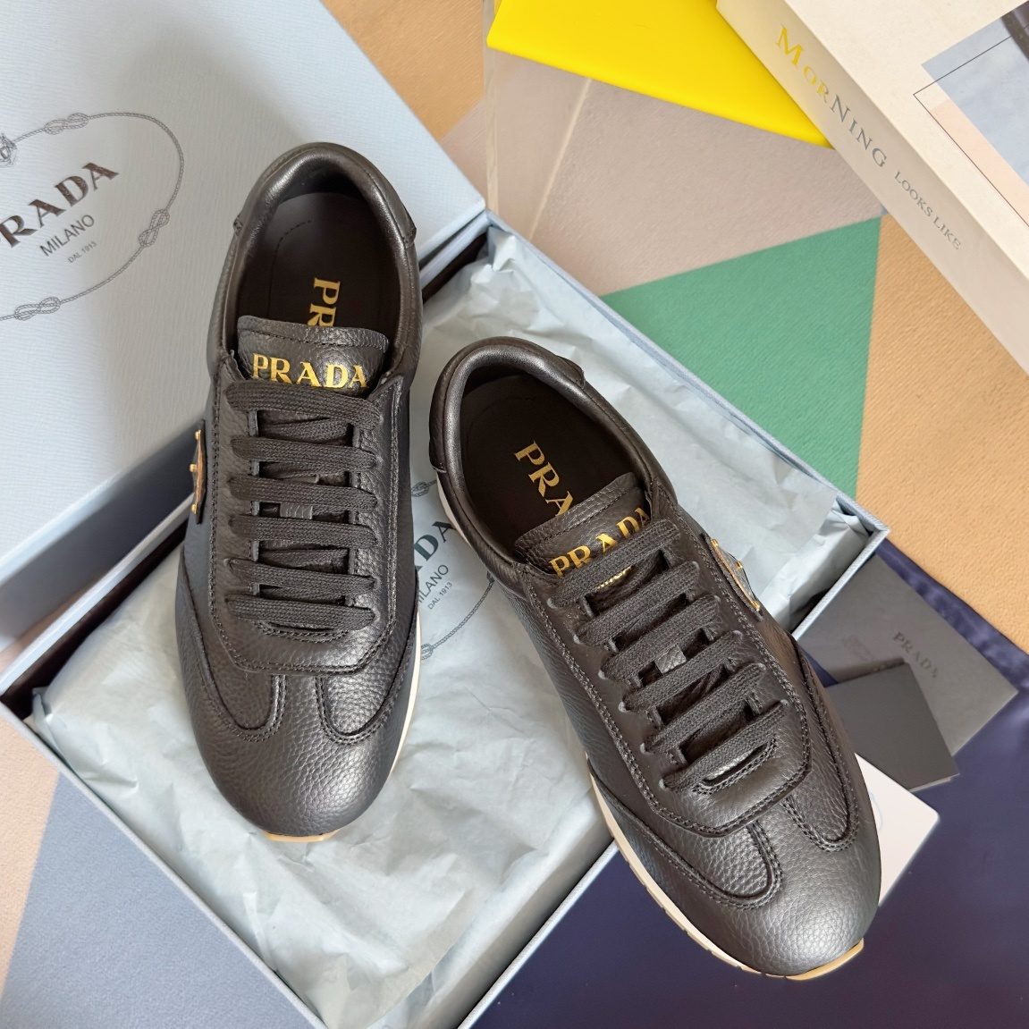 Prada Leather Lace-Up Runner Sneakers