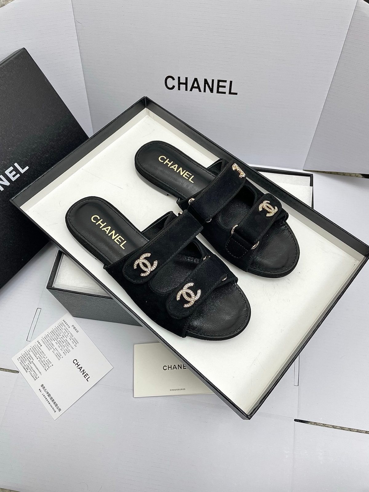 Chanel Black Velvet Slide Sandals with CC Logo