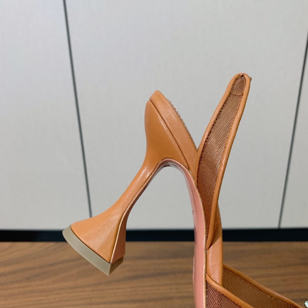 Camel Leather Chunky Heel Pump with Mesh Detail
