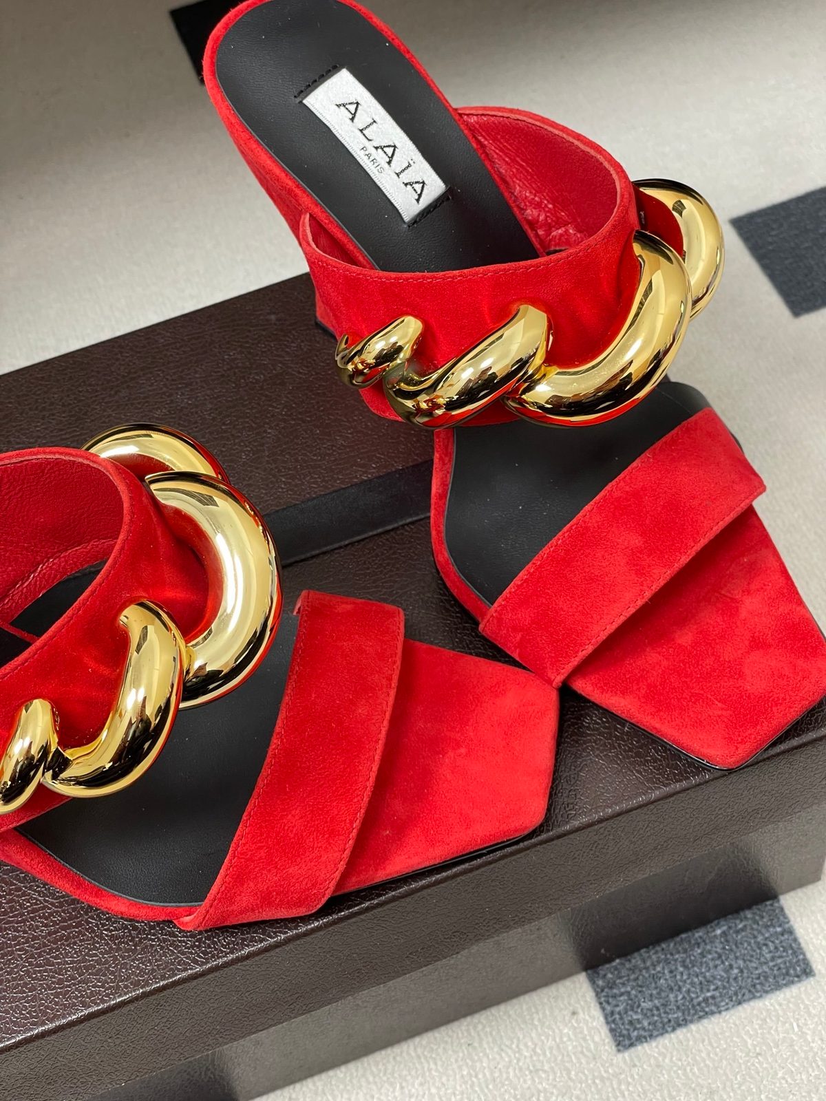 Alaïa Red Suede Buckle Slide Sandals