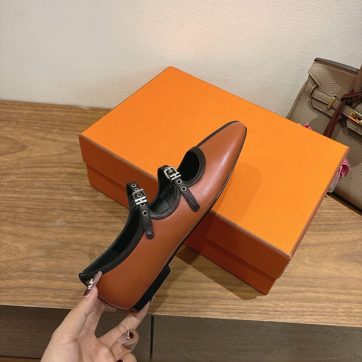 Hermès Mary Jane Flat Shoes Cognac
