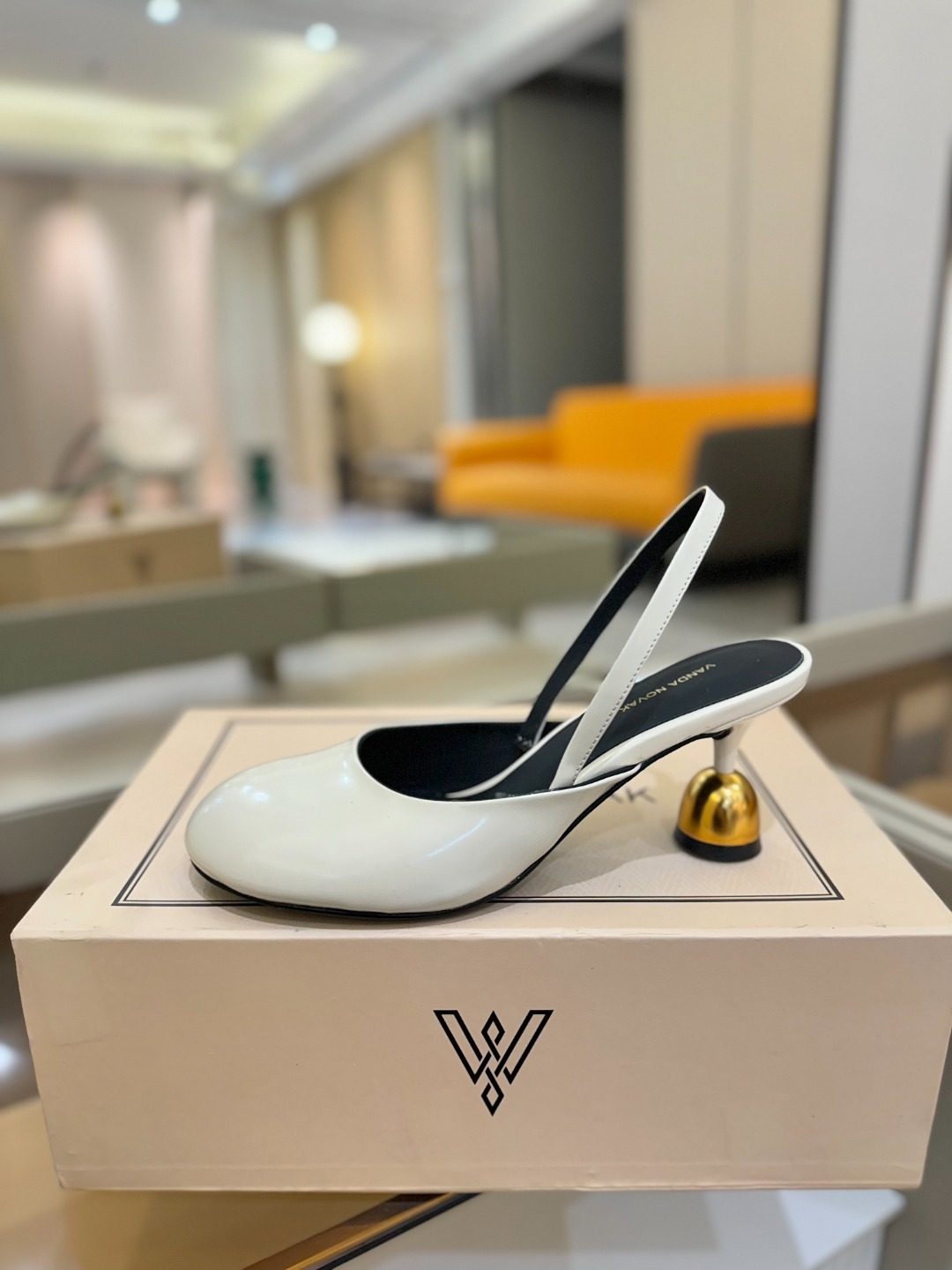 White Patent Leather Slingback Heels with Gold Heel
