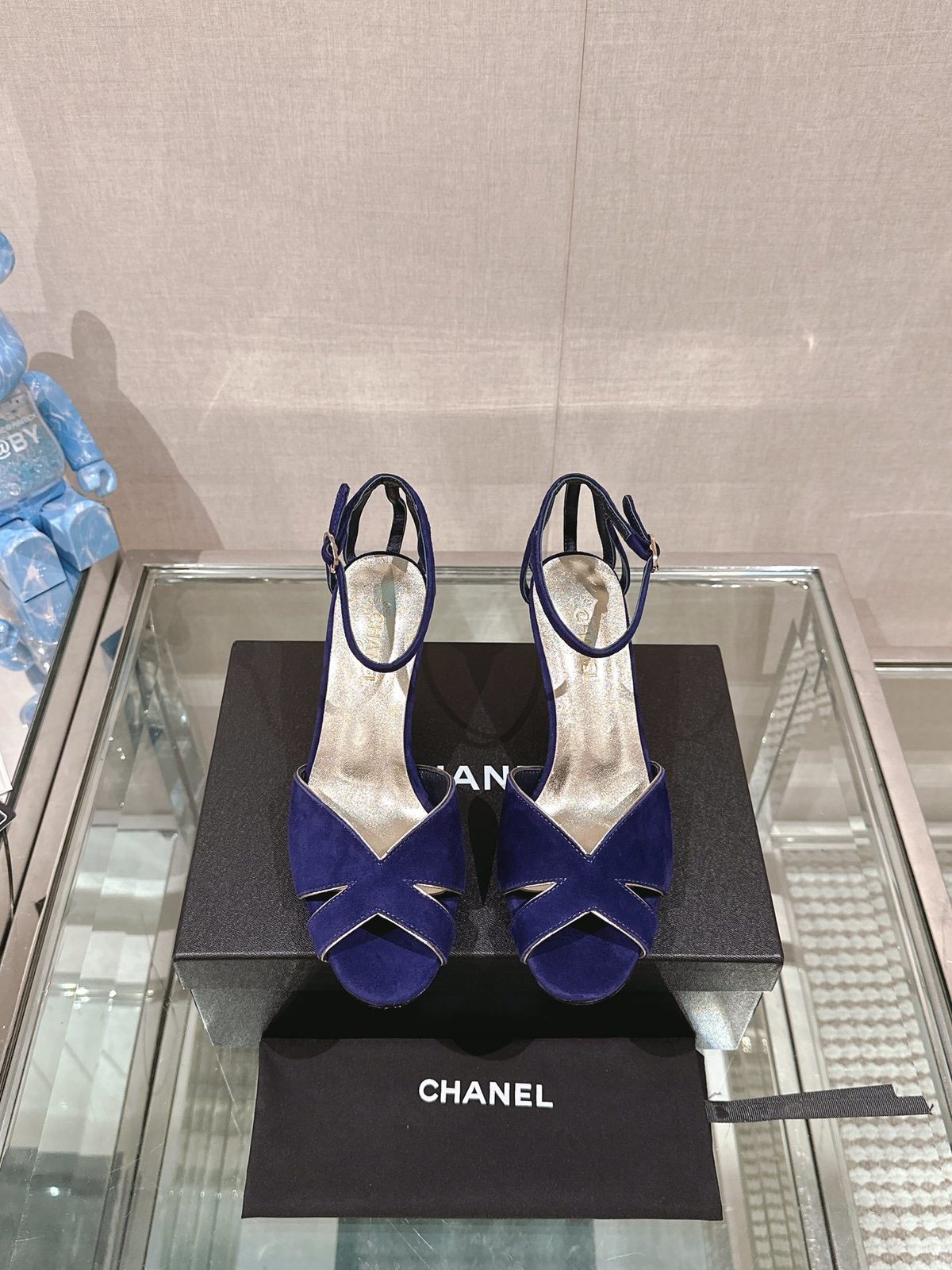 Chanel Navy Suede Bow Peep Toe Heels