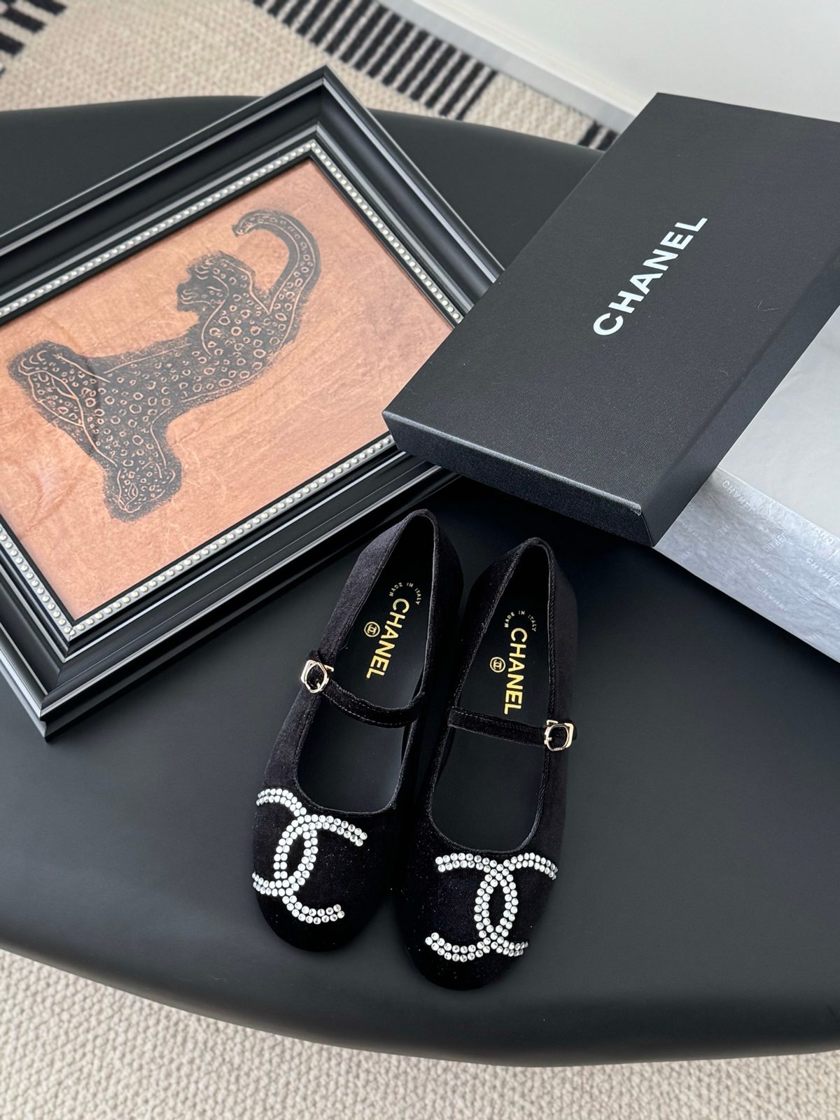 Chanel Pearl CC Black Velvet Loafers
