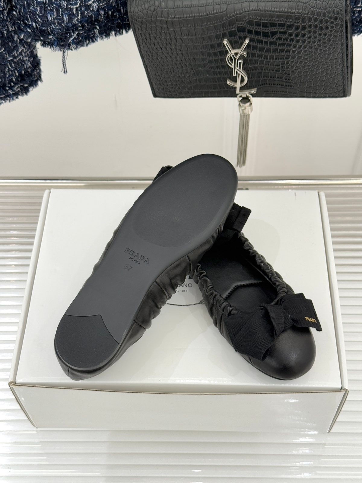 Prada Black Leather Bow Ballet Flats