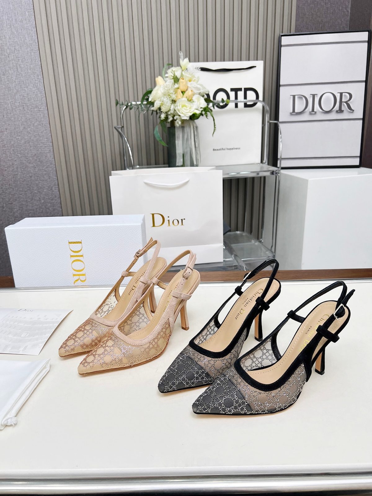Dior Embellished Mesh Slingback Pumps