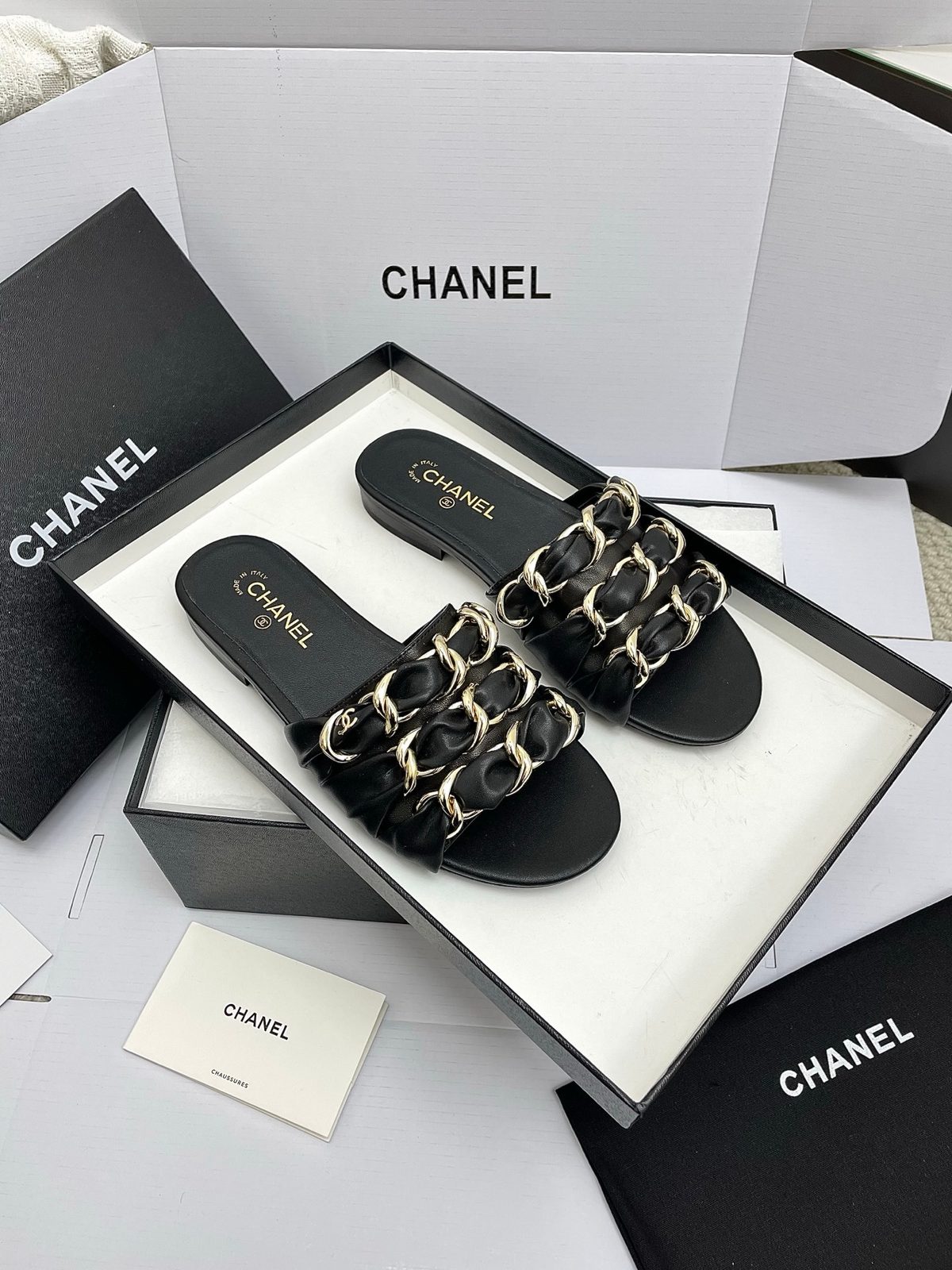 Chanel Chain Link Slide Sandals Black