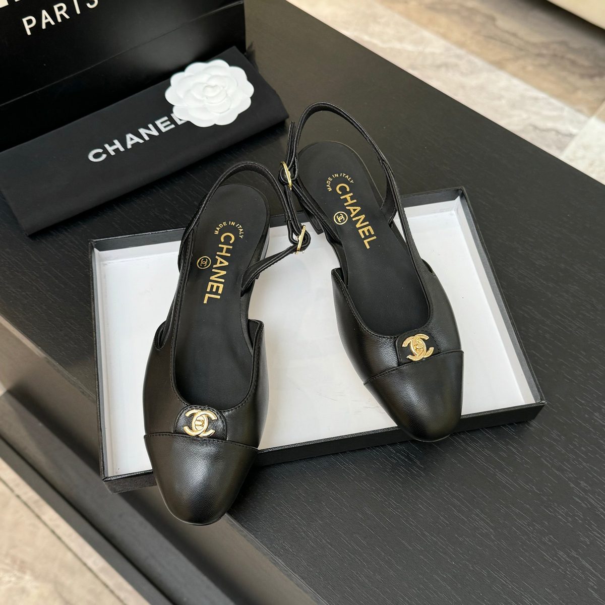 Chanel Black Leather Slingback Heels