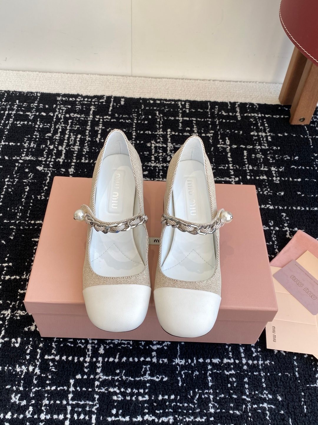Miu Miu Pearl Chain Mary Jane Block Heel Pump