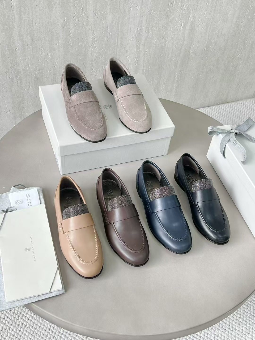 Brunello Cucinelli Suede Loafers with Metallic Band