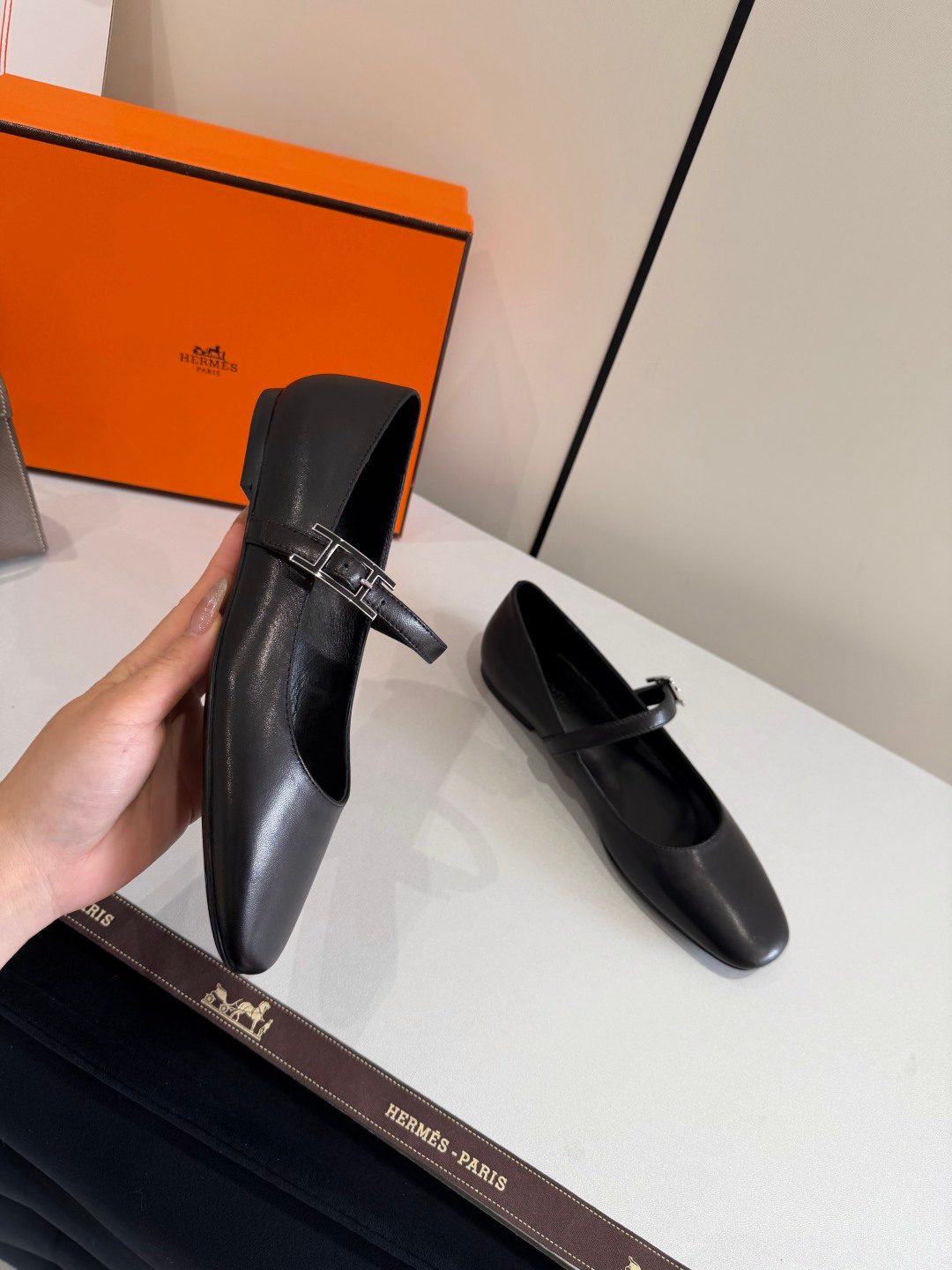 Hermès Black Leather Mary Jane Flat