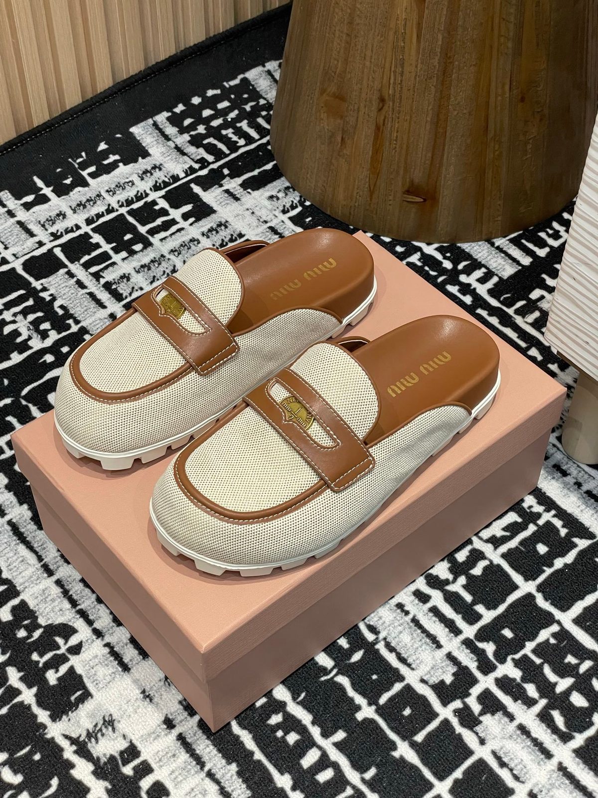 Miu Miu Canvas and Leather Loafer Mules