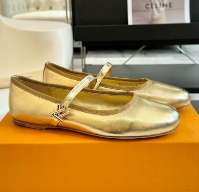 Celine Gold Metallic Mary Jane Ballet Flats