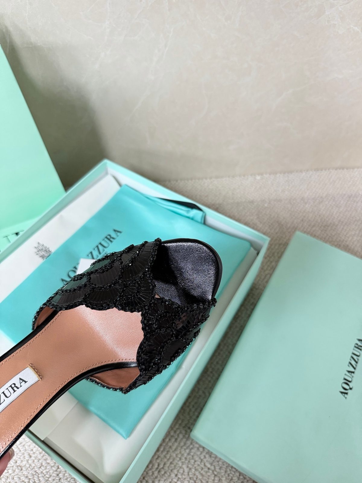 Aquazzura Black Lace Embellished Heeled Mule
