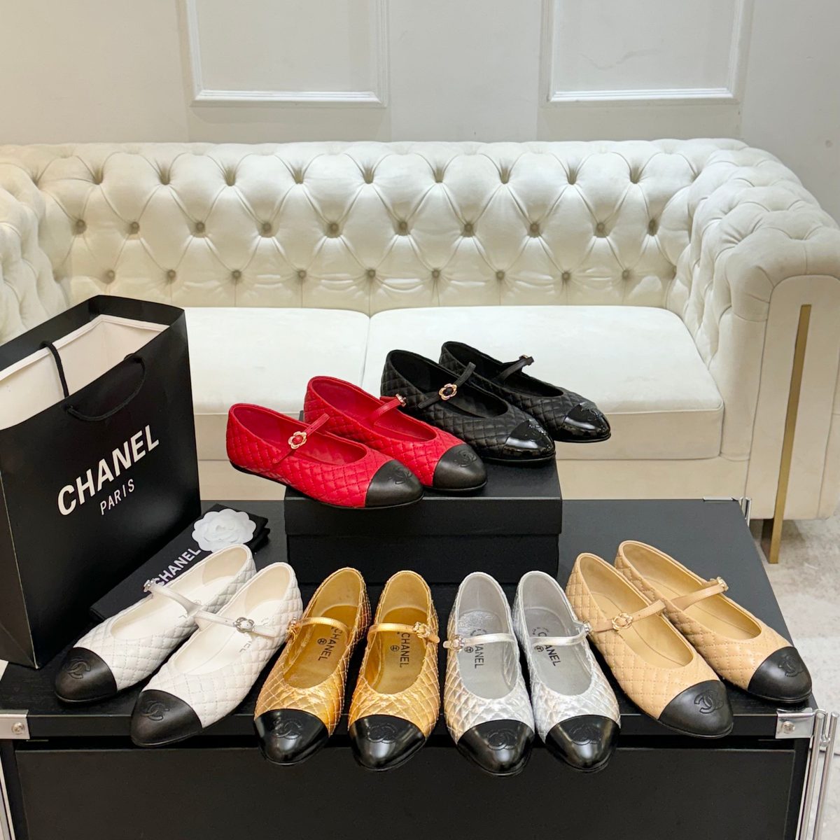 Chanel Quilted Leather Cap Toe Ballet Flats