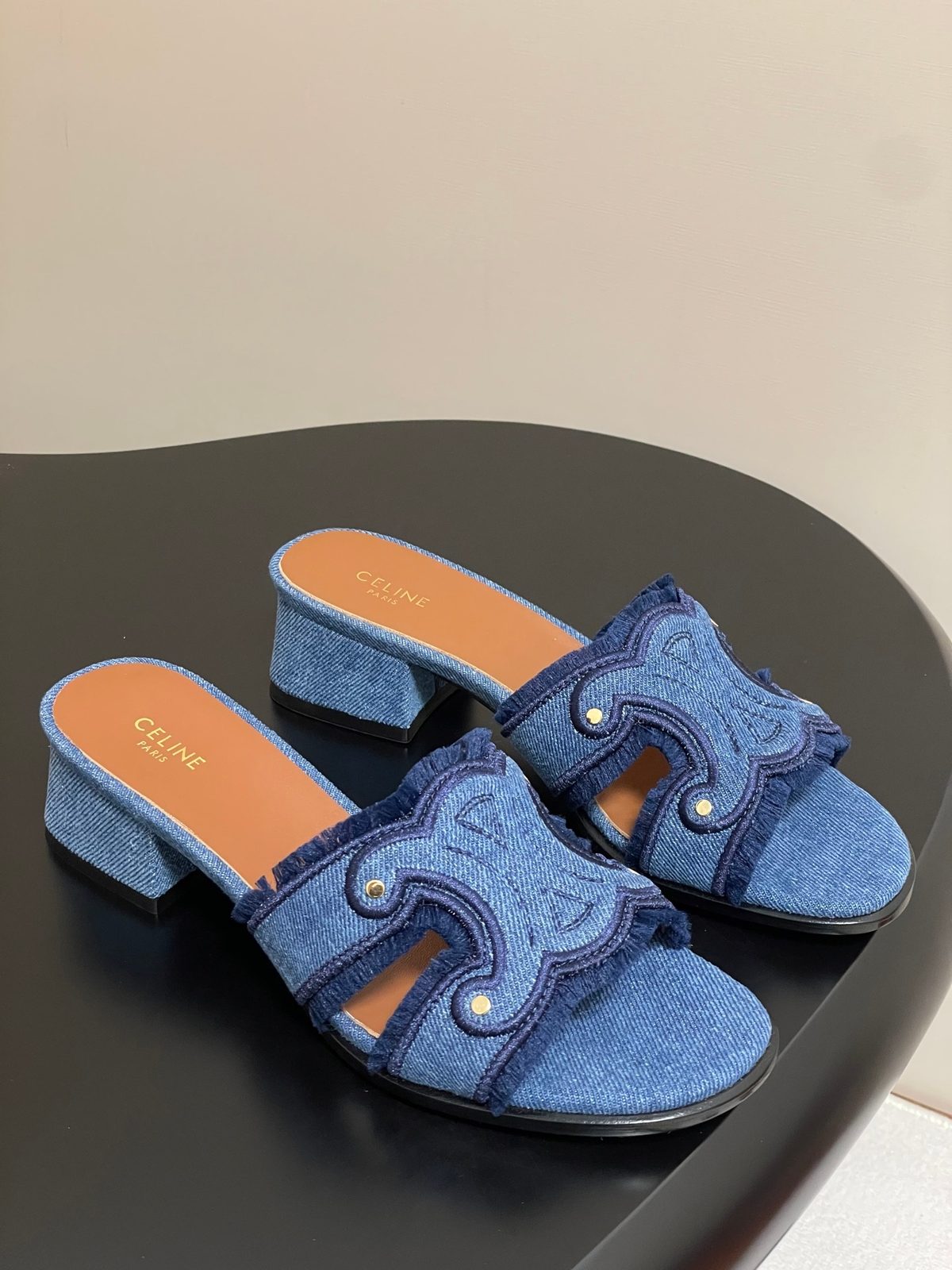 Celine Denim Block Heel Mule Sandals
