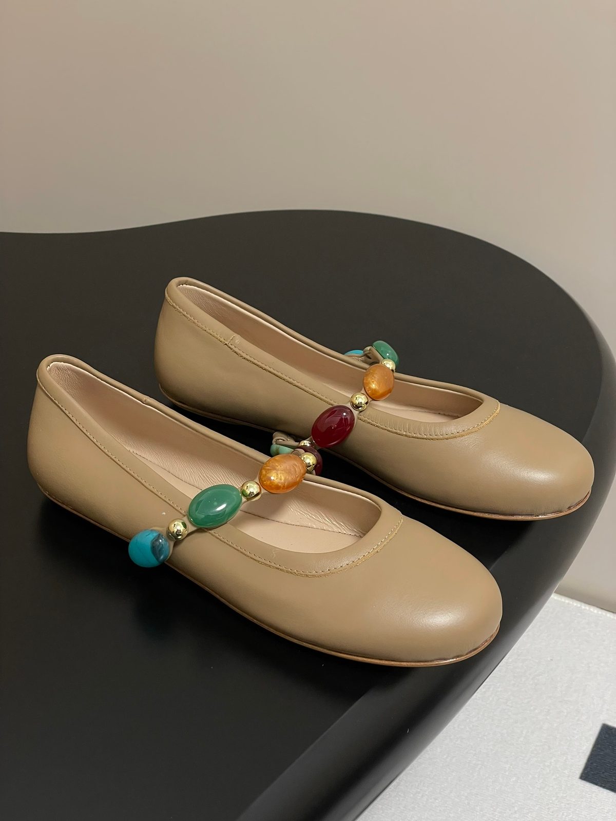 Repetto Beige Leather Ballet Flats with Beaded Straps