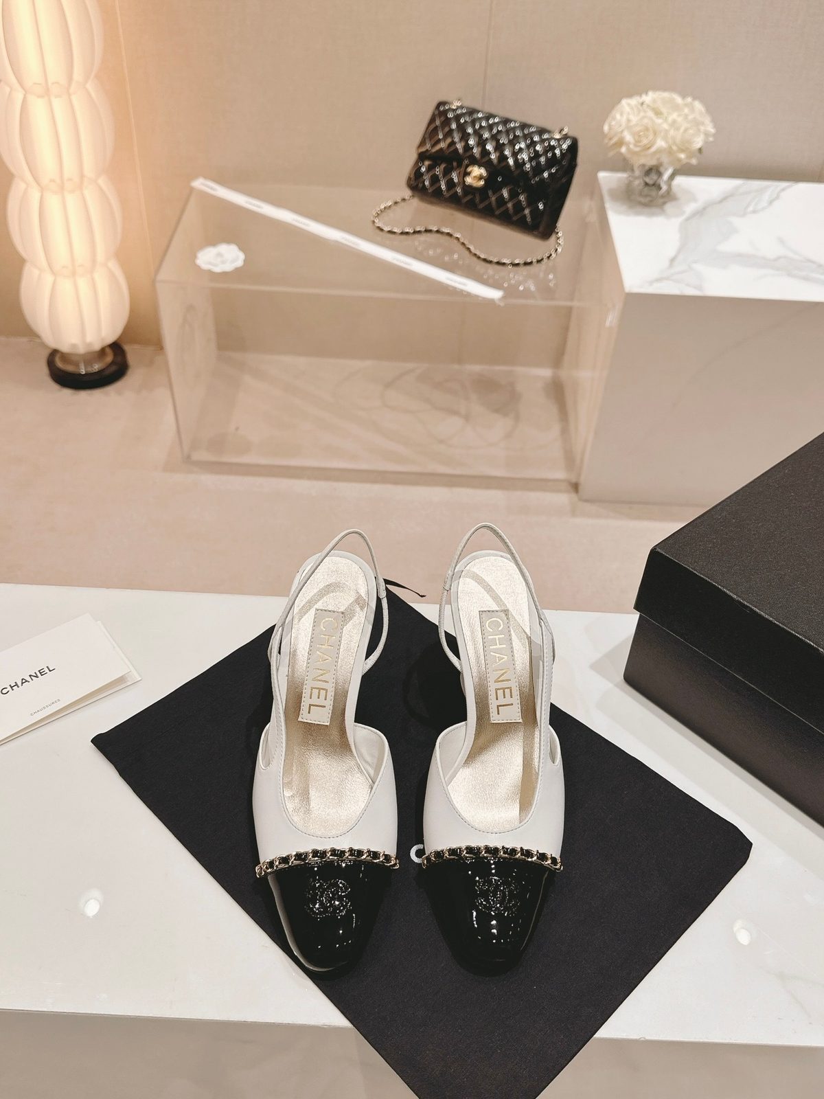 Chanel Black and White Quilted Slingback Heels