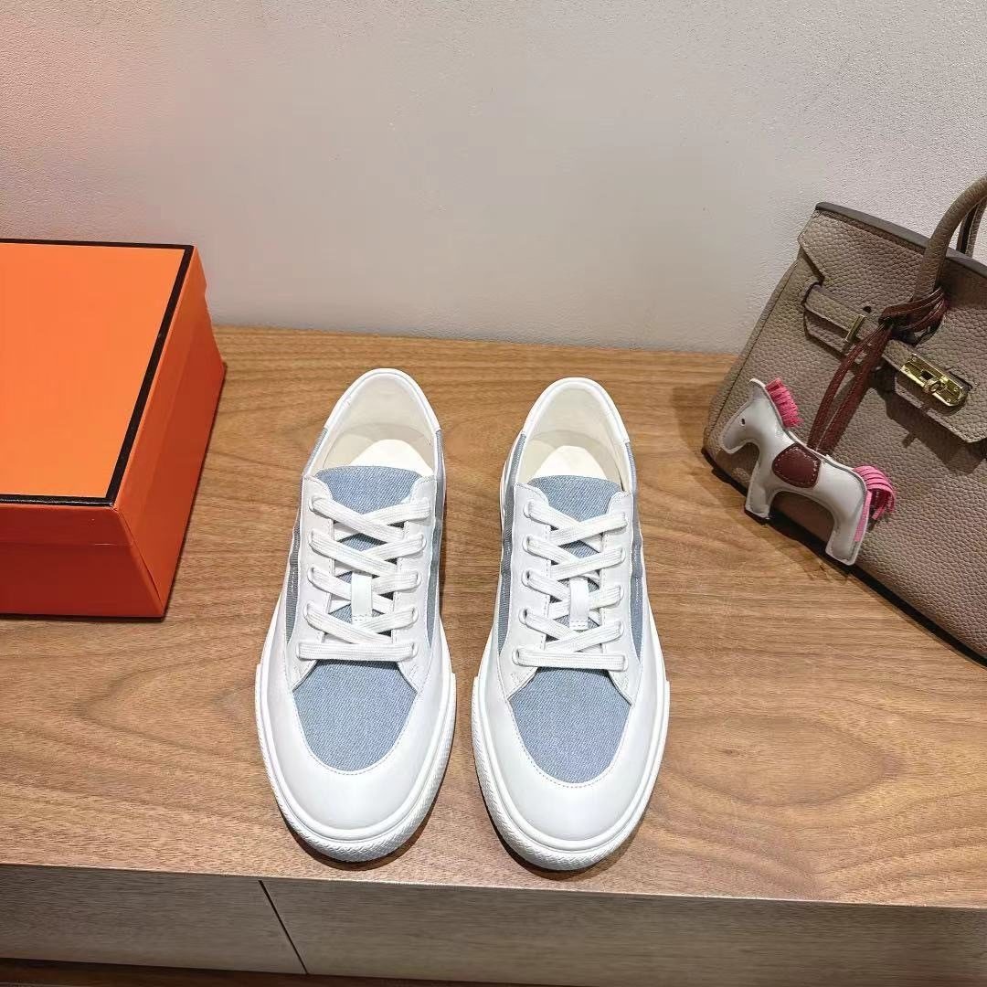 White and Blue Canvas Low-Top Sneakers