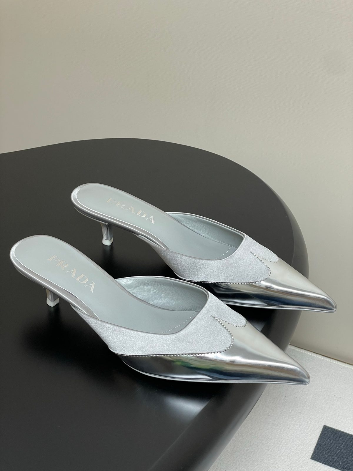 Prada Silver Metallic Pointed Mule Heel