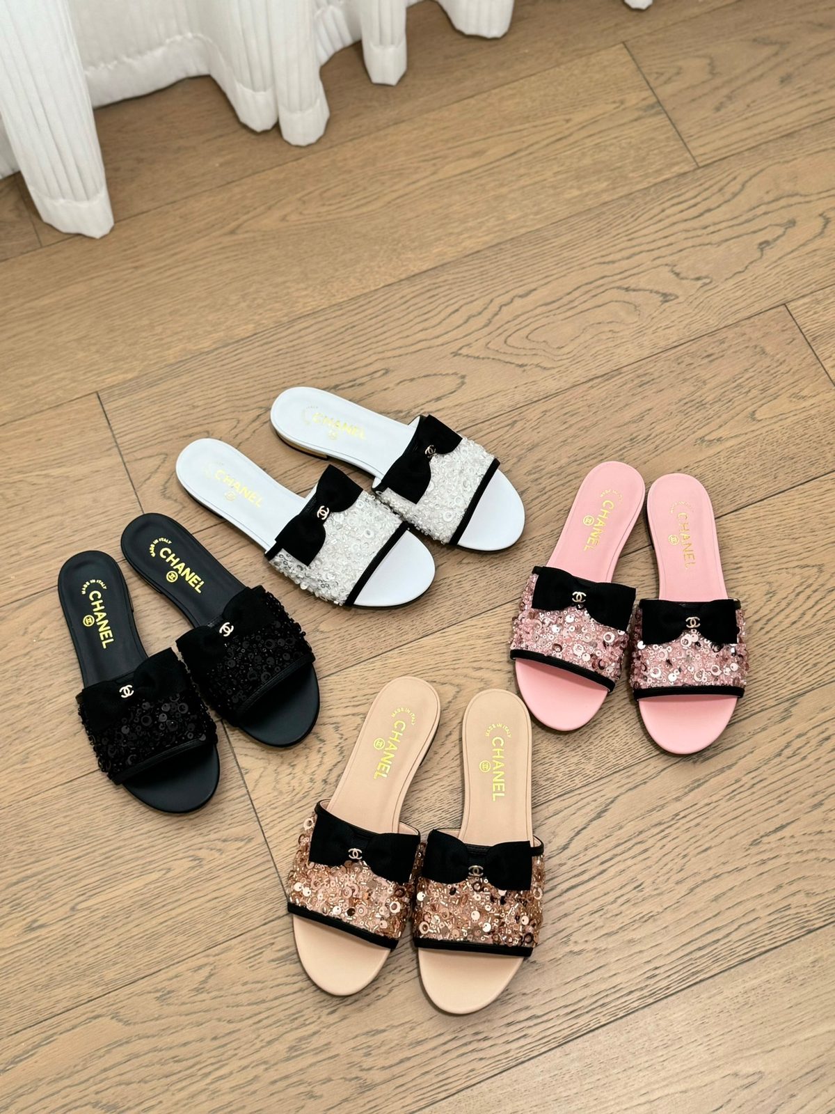 Chanel Sequin Bow Slide Sandals