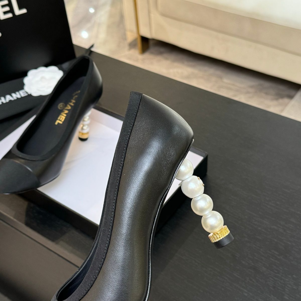 Chanel Black Leather Pearl Heel Pumps