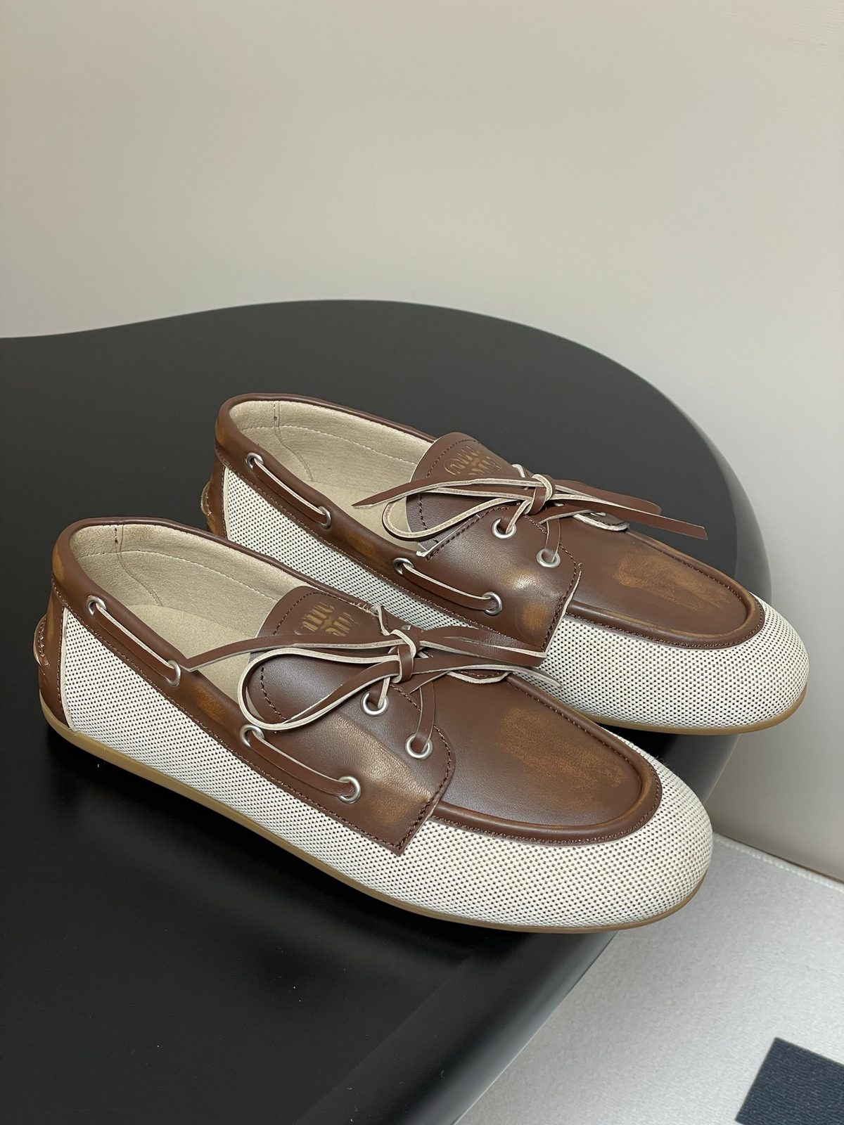 Miu Miu Leather Canvas Boat Shoes