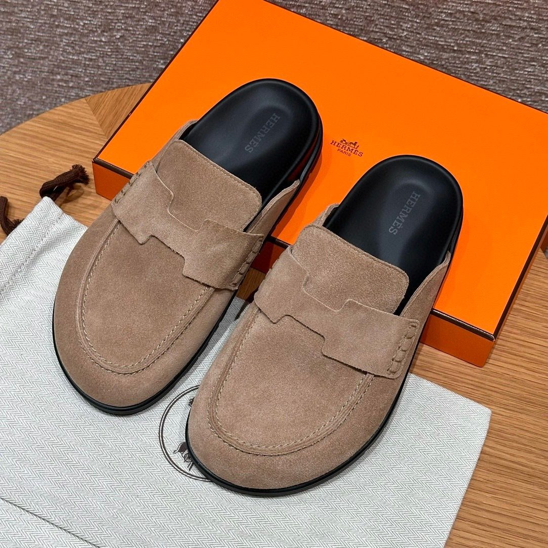 Hermès Suede Loafer Mules Black Sole