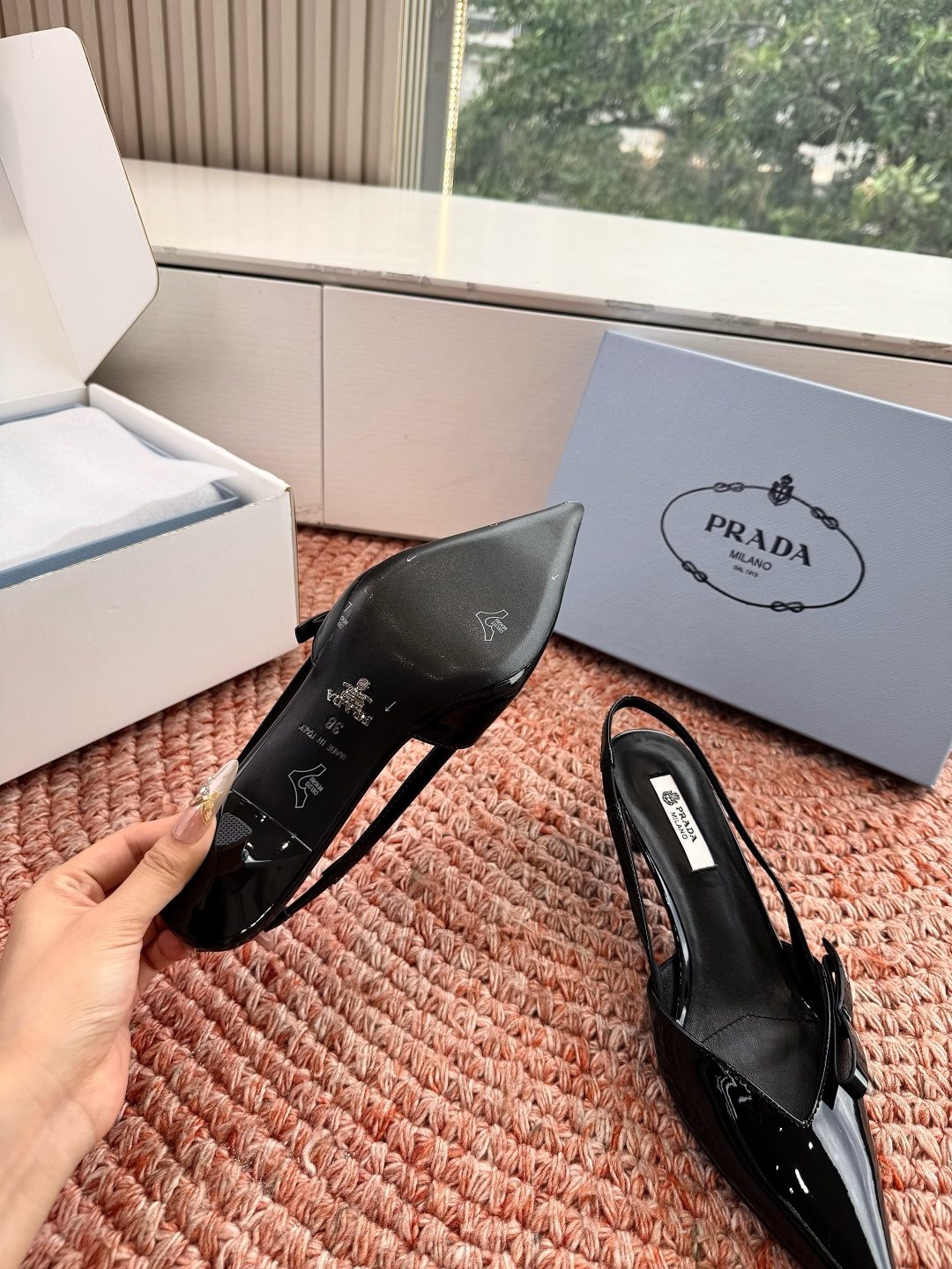 Prada Black Patent Leather Slingback Heels