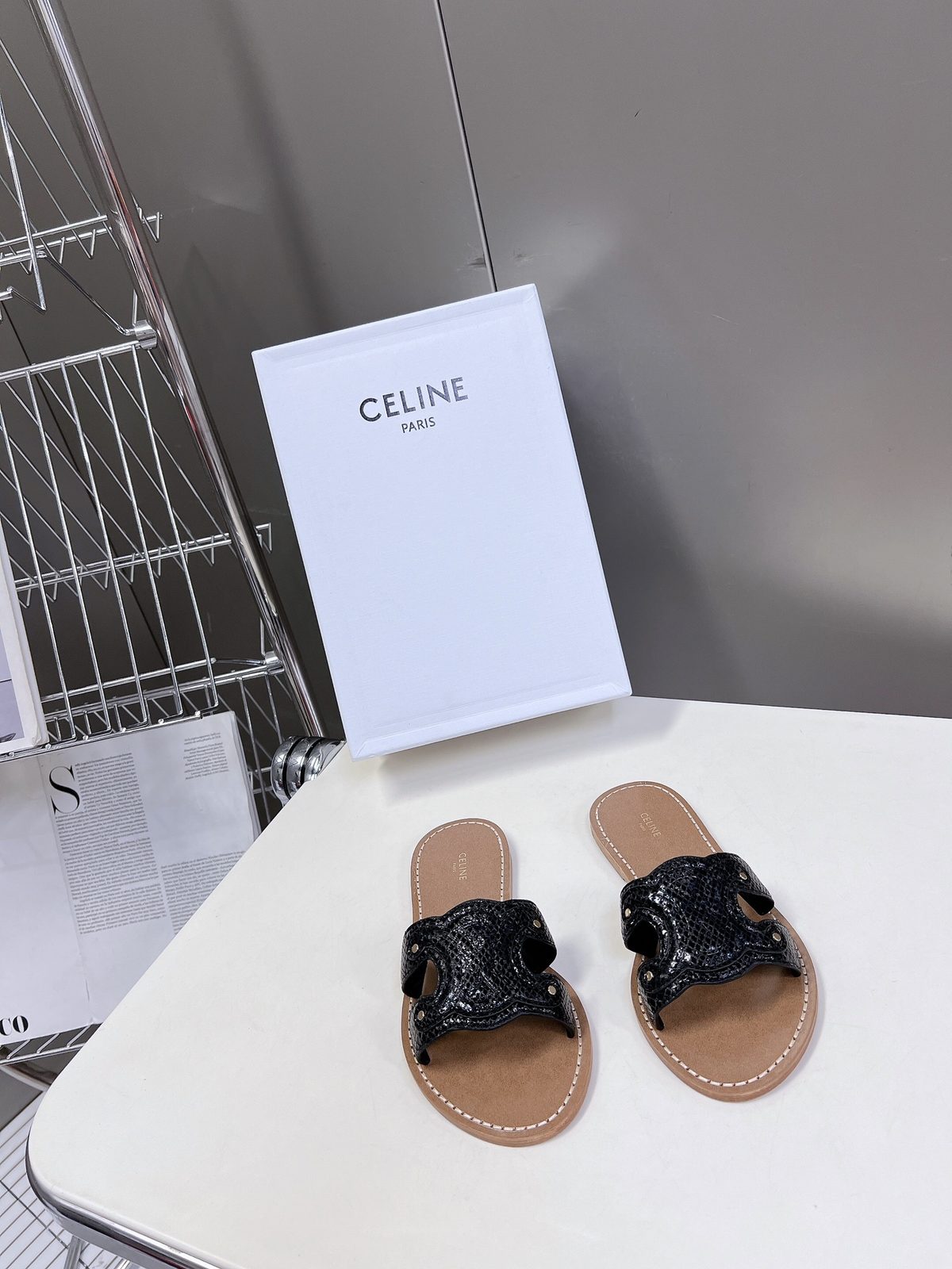 Celine Textured Black Slide Sandals