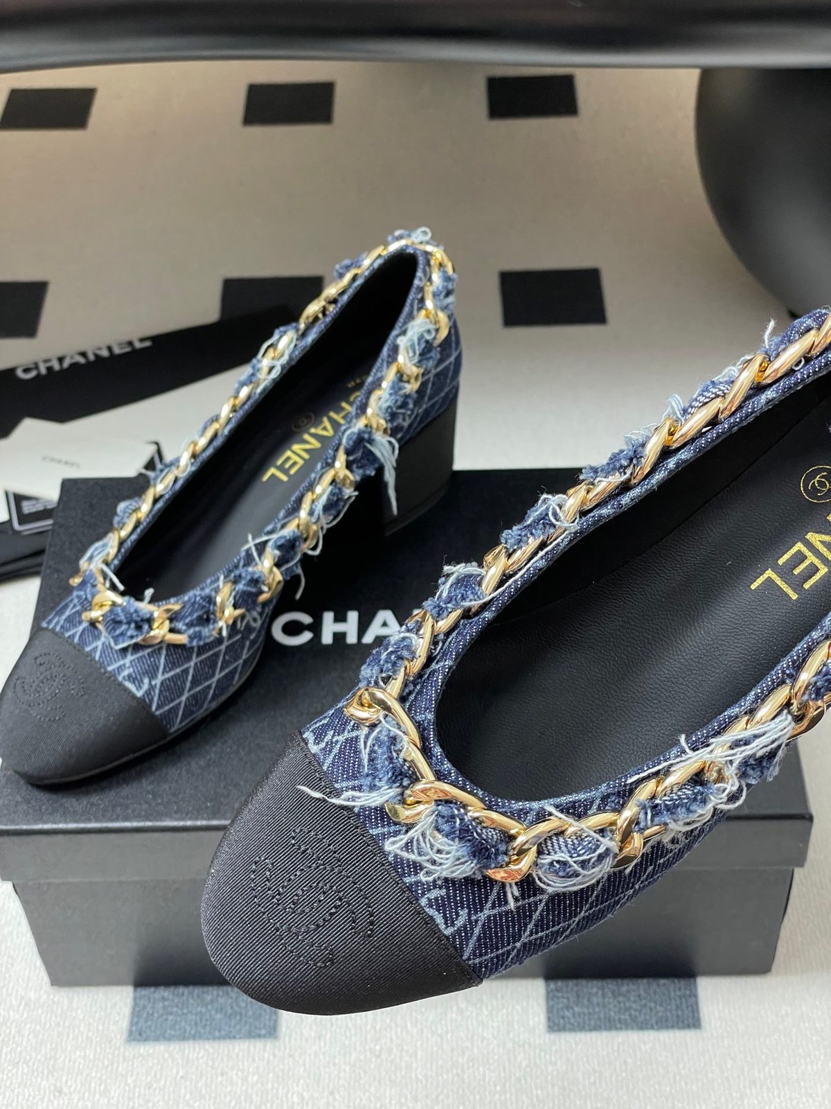 Chanel Denim Chain-Trim Ballet Flats