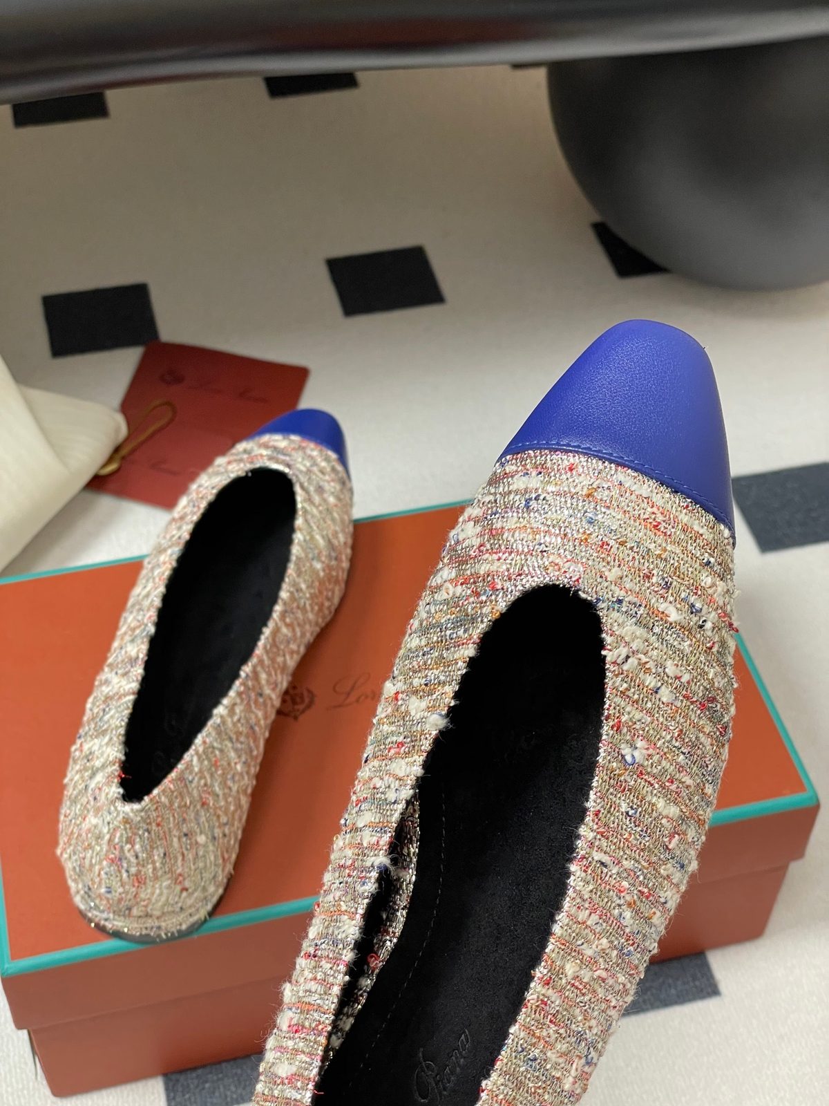 Loro Piana Tweed Ballet Flats with Blue Toe Cap