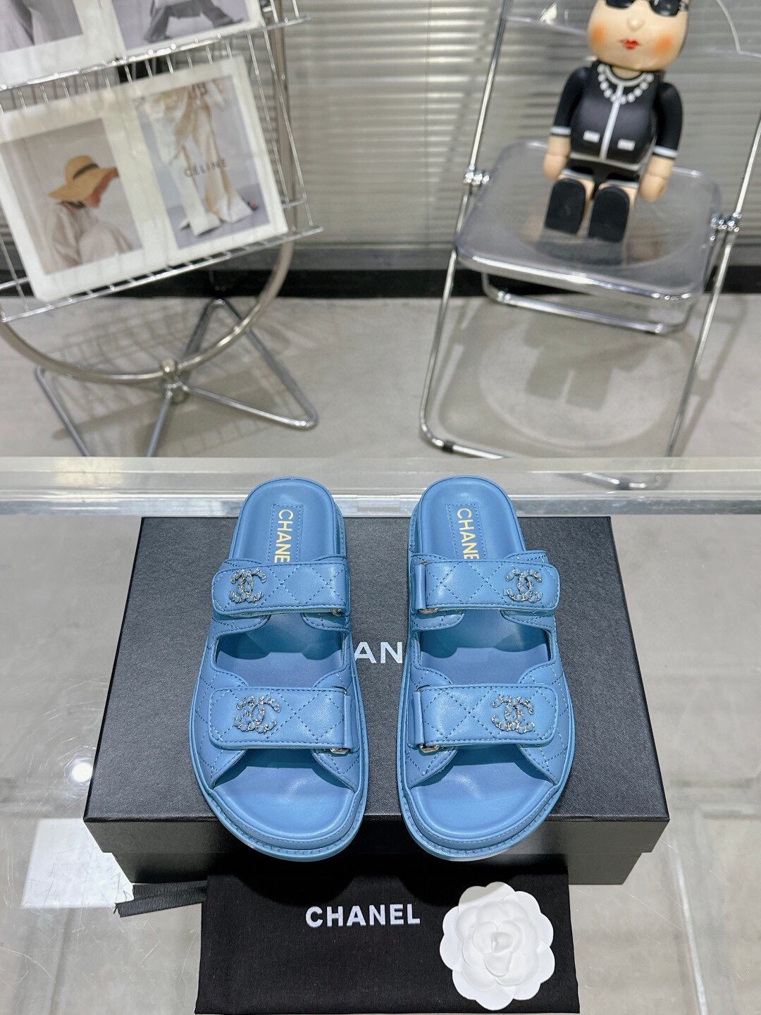 Chanel Quilted Leather Dad Sandals Blue